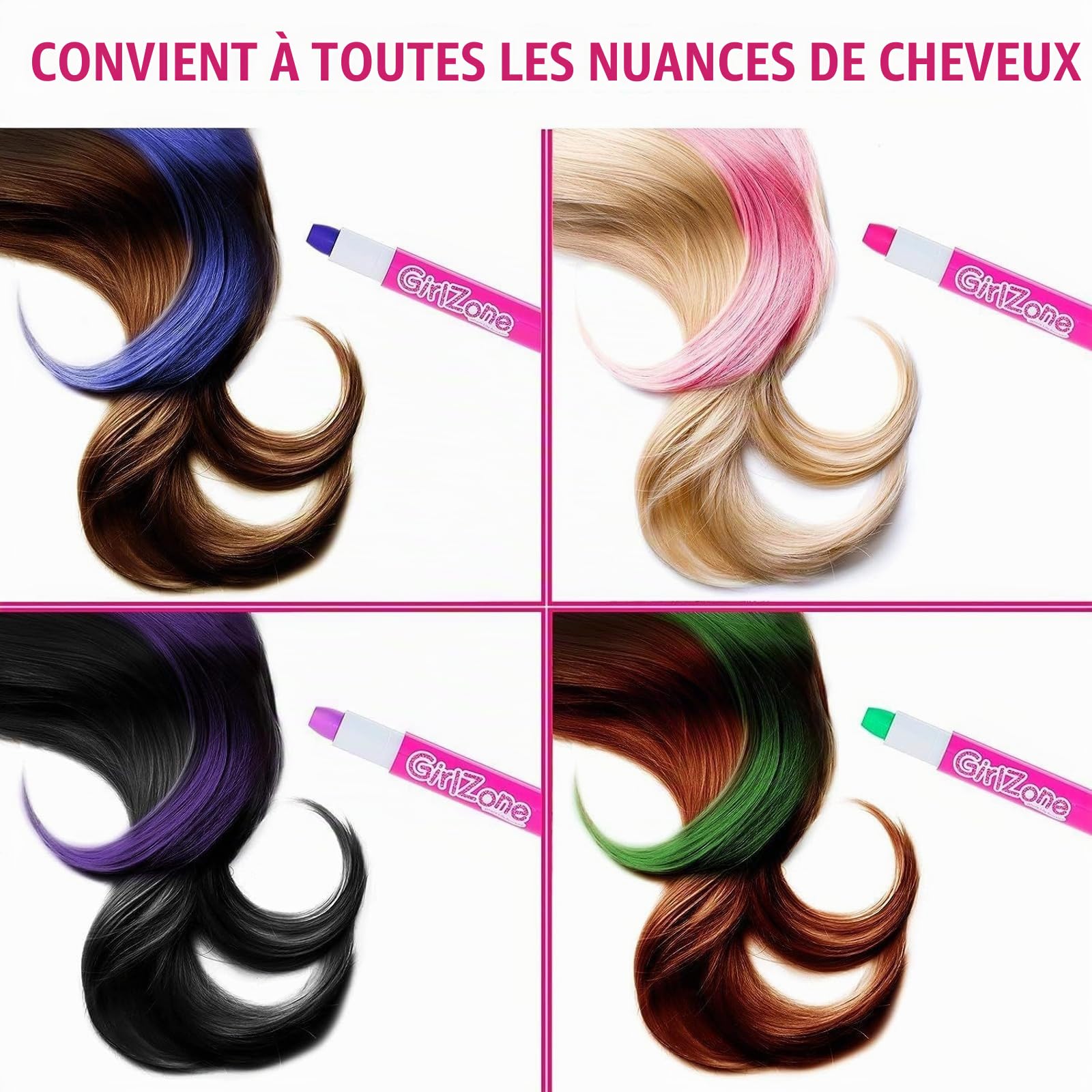 Girlzone Cadeau Fille - Craie pour Cheveux Lavable - Accessoire Cheveux Fille - Kit 10 Stylos de Coloration Temporaire - Hair Chalk - Anniversaire Filles 3 à 12 Ans