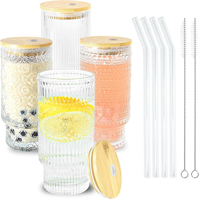 11 oz Drinking Glasses Cups Set of 2 with Bamboo Lids Straws Brush Vintage Small Glassware Set for Mojito Iced Coffee Cocktail Whiskey(Ribbed & Hobnail)