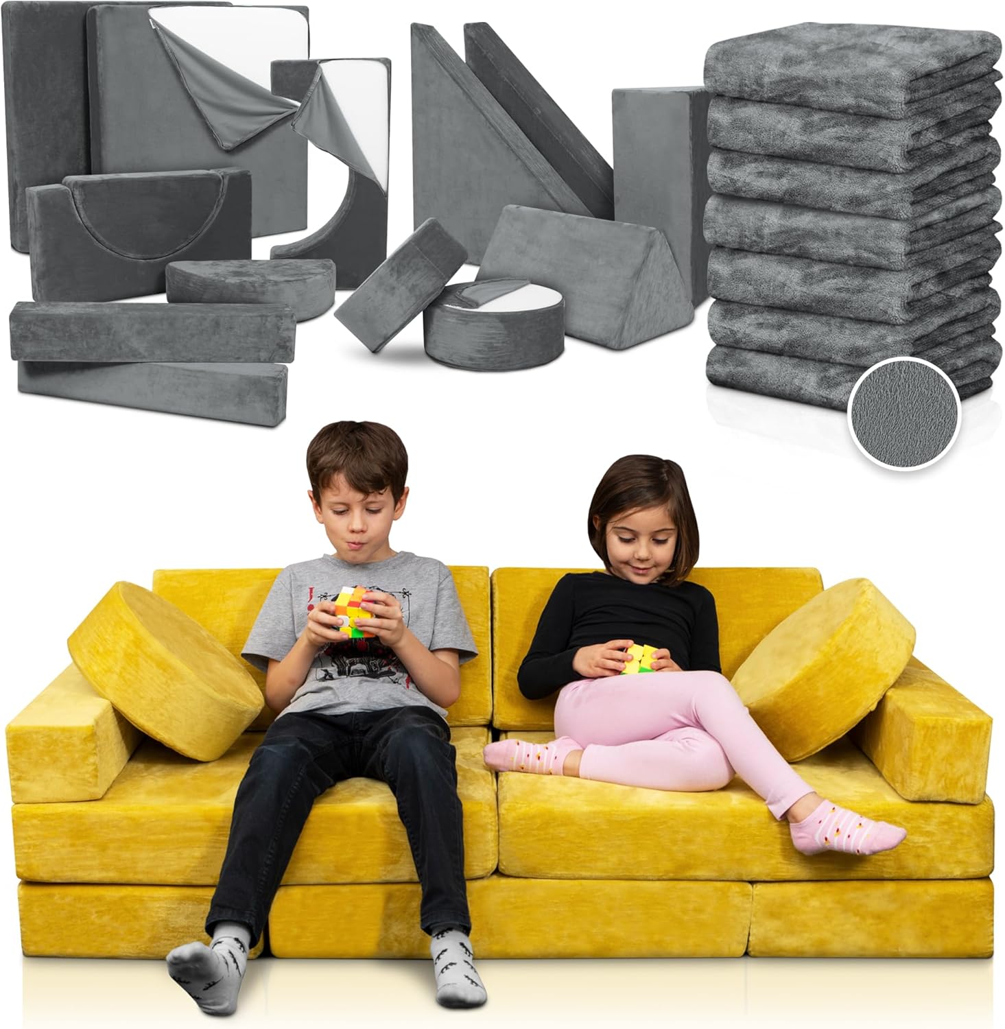 Lunix LX15 Modular Kids Couch 14pcs – Yellow + Replacement Gray Cover – Convertible Play Sofa for Toddlers & Kids – Washable, Soft Foam for Climbing, Building & Resting – Bundle and Save 10%