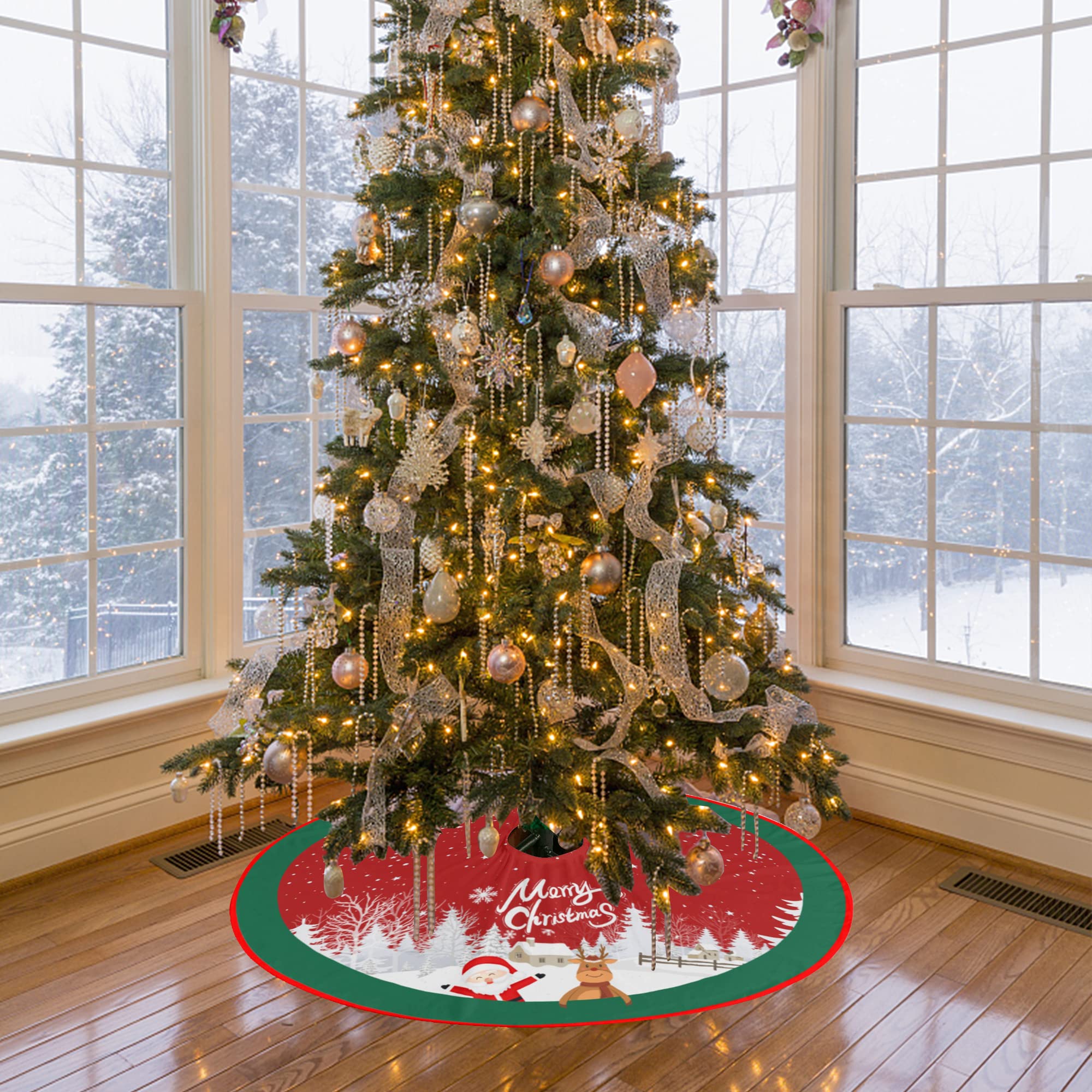48 Inch Christmas Tree Skirt - Red & Green Plush Mat With Santa, Deer & Snowman Design, Soft & Reusable Holiday Decor For Indoor/Outdoor - View #3