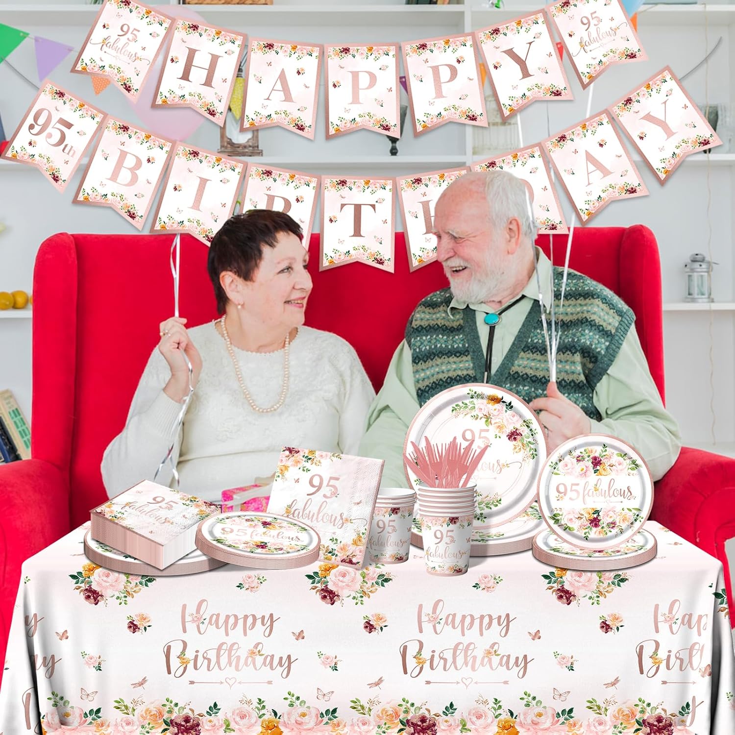 95th Birthday Decorations for Women - Rose Gold Party Decorations 95th Birthday Tableware Set Plates,Napkins,Tablecloth Rose Gold Floral Table Decoration for Men Women Birthday,95 Fabulous Decorations - Image 5
