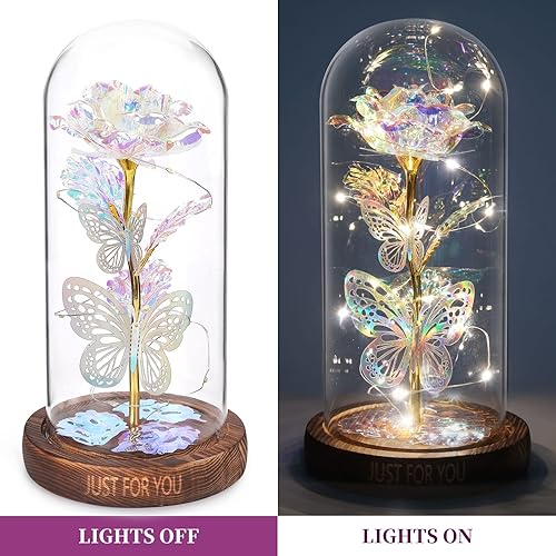 Miniatura 4 de WOKEISE Regalos para el día de San Valentín para ella, mariposa rosa iluminada en cúpula de cristal, aniversario de cumpleaños, rosas iluminadas,