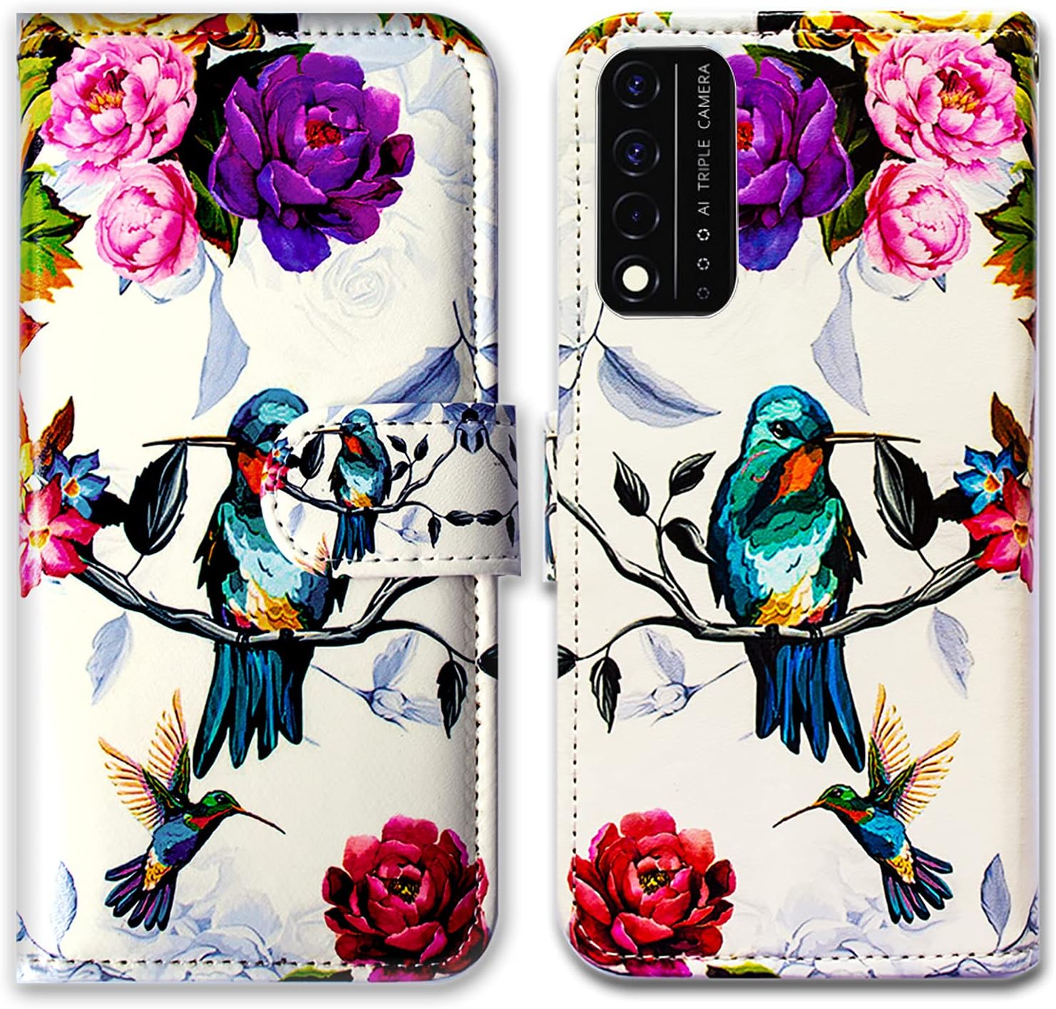 Bcov Revvl V+ 5G Case, Hummingbird in Flowers Bird Leather Flip Phone Case Wallet Cover with Card Slot Holder Kickstand for T-Mobile ReVVL V Plus 5G