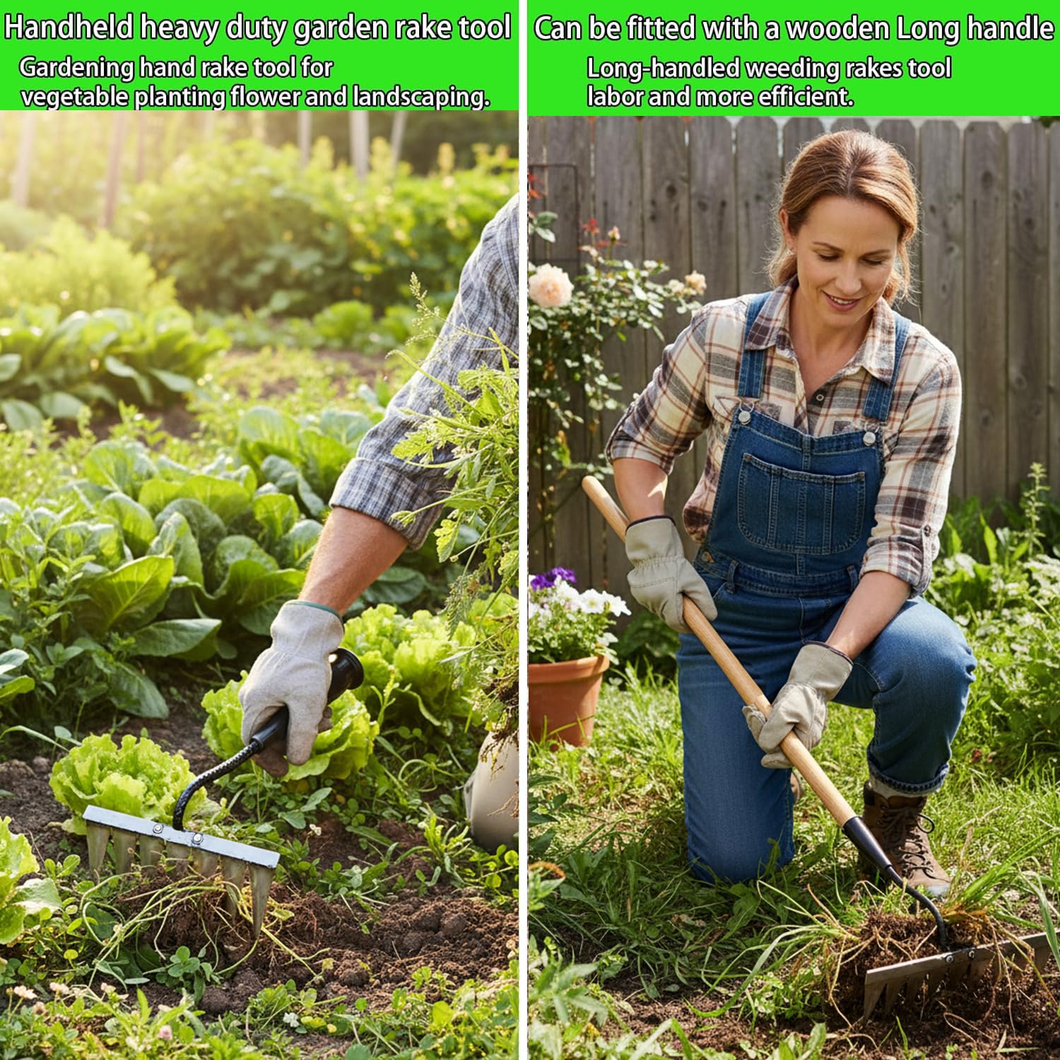 2 rastrillos de hierro para desmalezar, rastrillo de metal de jardín resistente con 7 dientes, herramientas de rastrillo de deshierbe de jardín, herramienta afilada de rastrillo de hierbas,