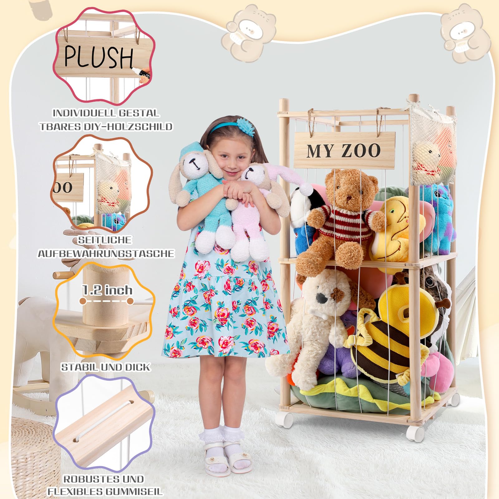 Massivholz Kuscheltier Aufbewahrung mit 360° Rollen & Bremse – inkl. Baumwollnetz, Plüschtier Organizer für Kinderzimmer, Spielzimmer & Wohnzimmer(Burlywood, klein)