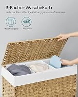 SONGMICS 140L 3 rekeszes szennyesgyűjtő kosár fedéllel, kerekekkel és kivehető zsákkal - 140 L (66 x 33 x 66 cm), 2-Natural 3