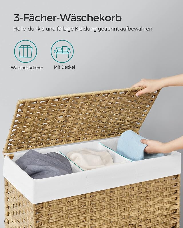 SONGMICS 140L 3 rekeszes szennyesgyűjtő kosár fedéllel, kerekekkel és kivehető zsákkal - 140 L (66 x 33 x 66 cm), 2-Natural