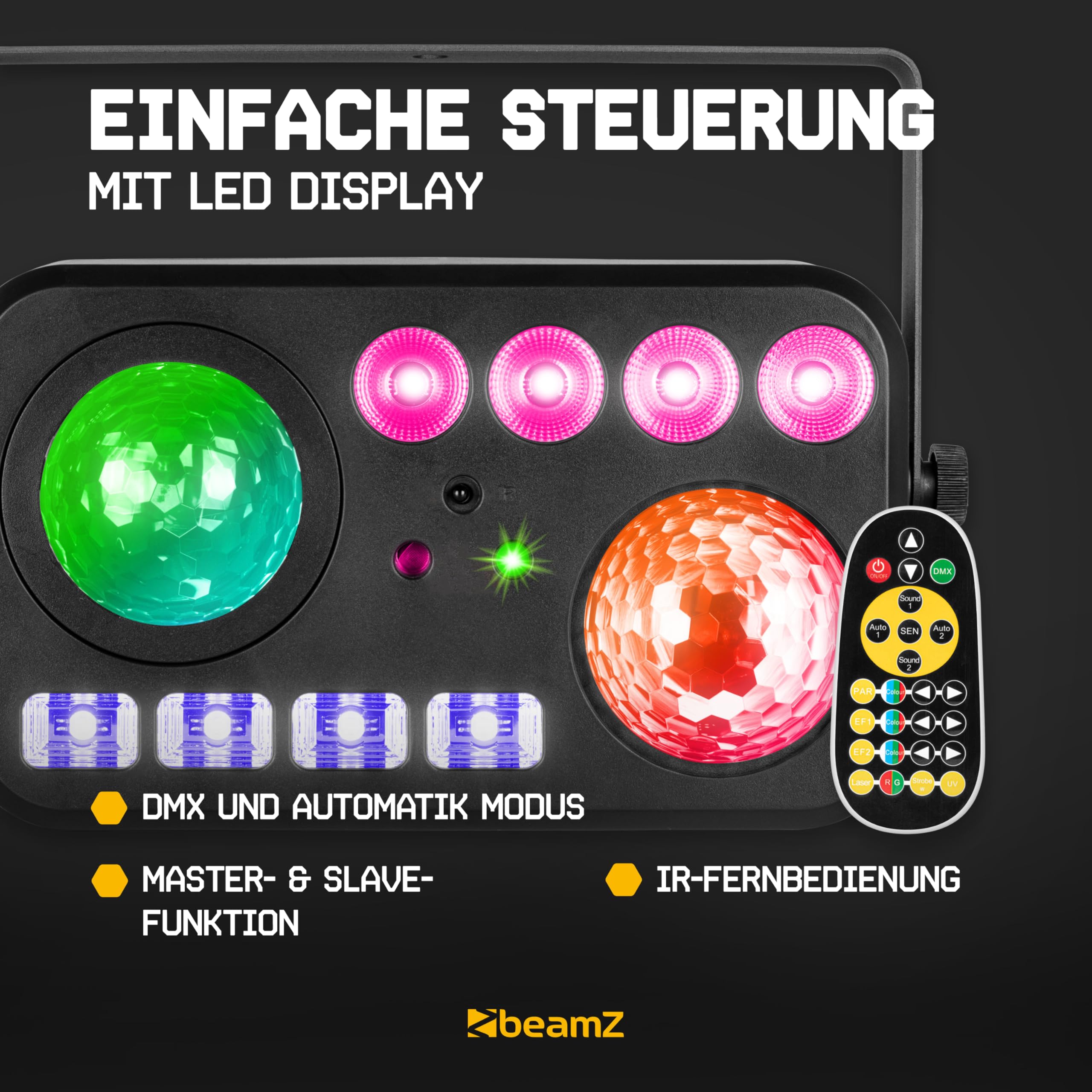 BeamZ Shimmer6 Discolicht Partylicht – 6-in-1 LED Effekt mit Jelly Ball, Welleneffekt, Stroboskop & UV – Musikgesteuert mit DMX & Fernbedienung, Bühnenbeleuchtung für Disco & Partys