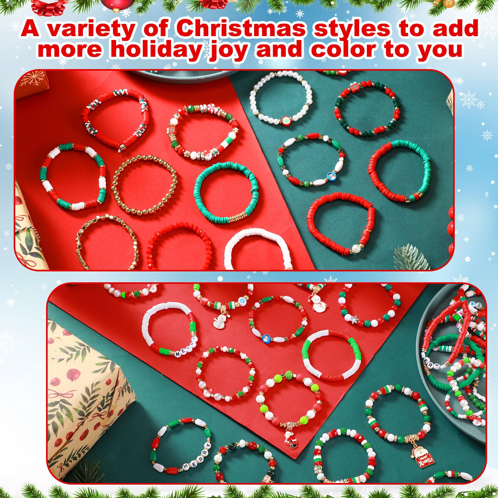 Huquary Weihnachts-Armbänder für Frauen, Weihnachts-Freundschaftsarmbänder, stapelbar, Perlen, Stretch-Armband, elastisch, Schmuckgeschenk, Geschenk für Urlaub, Party, Gastgeschenke