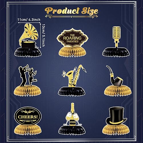 Miniatura 2 de Epakh 10 piezas de decoraciones de fiesta de los años 20, centro de mesa de panal negro y dorado, mesa de fiesta de cumpleaños para cumpleaños de