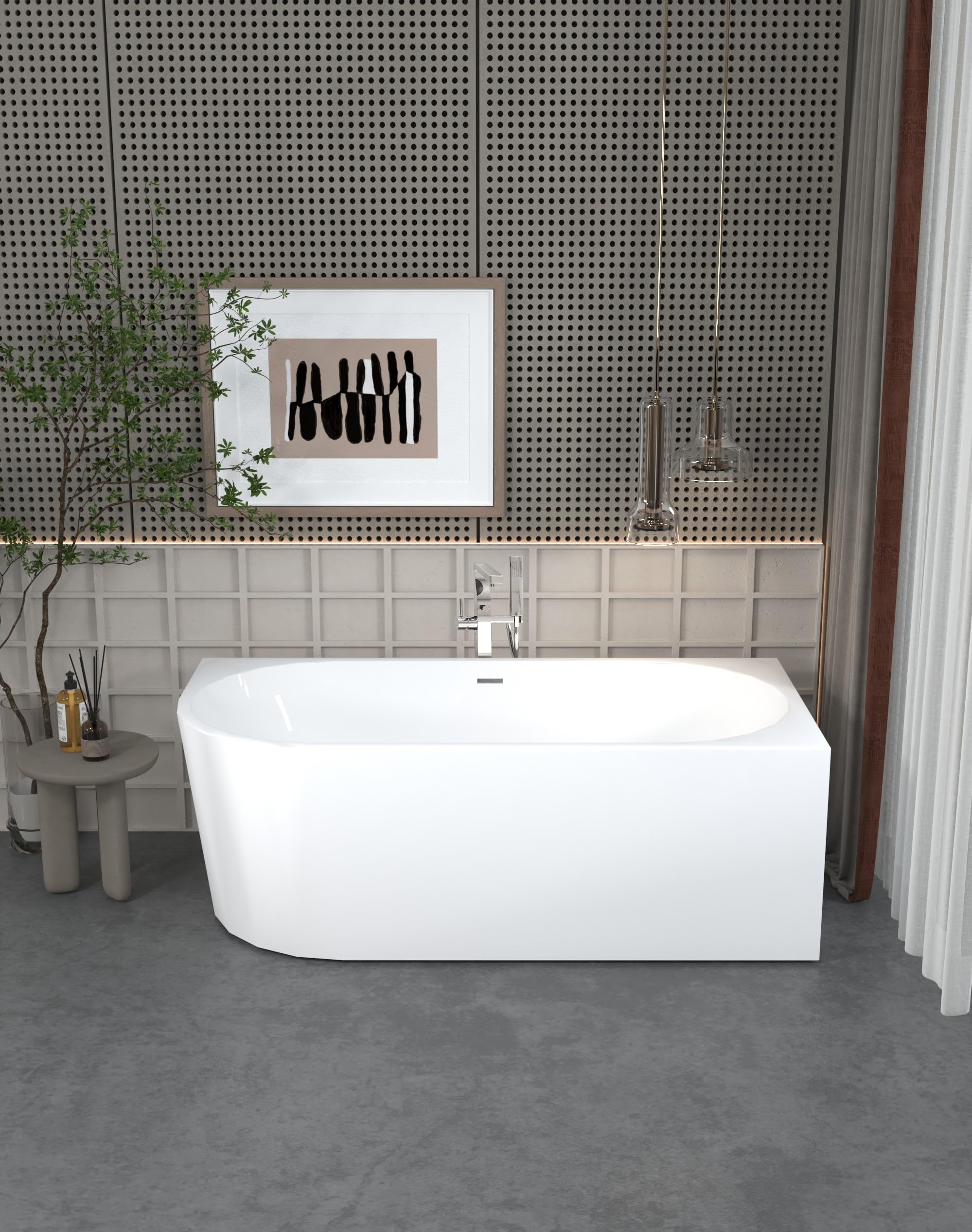 Aquauno, vasca angolare indipendente a destra, 170 x 80 cm, ovale in acrilico sanitario di alta qualità, design acrilico con scarico a clic, troppopieno, telaio in acciaio, copertura e scarico cromato