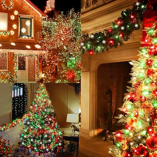 Miniatura 4 de Guirnalda de luces de Navidad, color rojo, blanco y verde, paquete de 2 100 luces LED de cobre, funciona con pilas, control remoto, luces de hadas