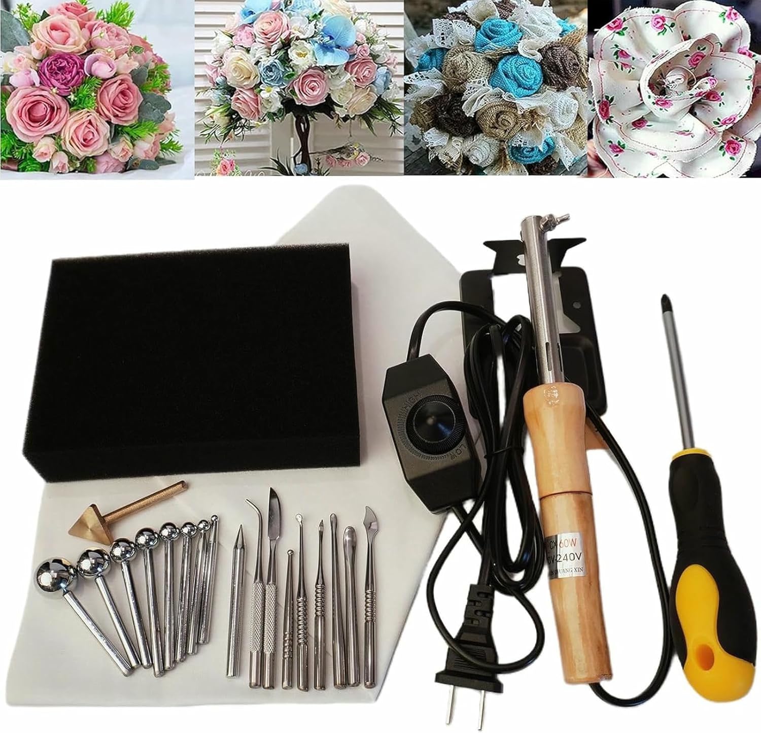 Electric Fabric Flower Maker, Fake Flower Making Tool Set, with 18 Ironing Heads and Adjustable Temperature 150-250℃, DIY Cloth Fabric Flower Making Tools~/