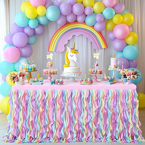 Miniatura 6 de Faldas de mesa tutú de unicornio con cubierta de mesa rosa para mesa rectangular de 6 pies, mantel ajustable con volantes arco iris para fiesta de