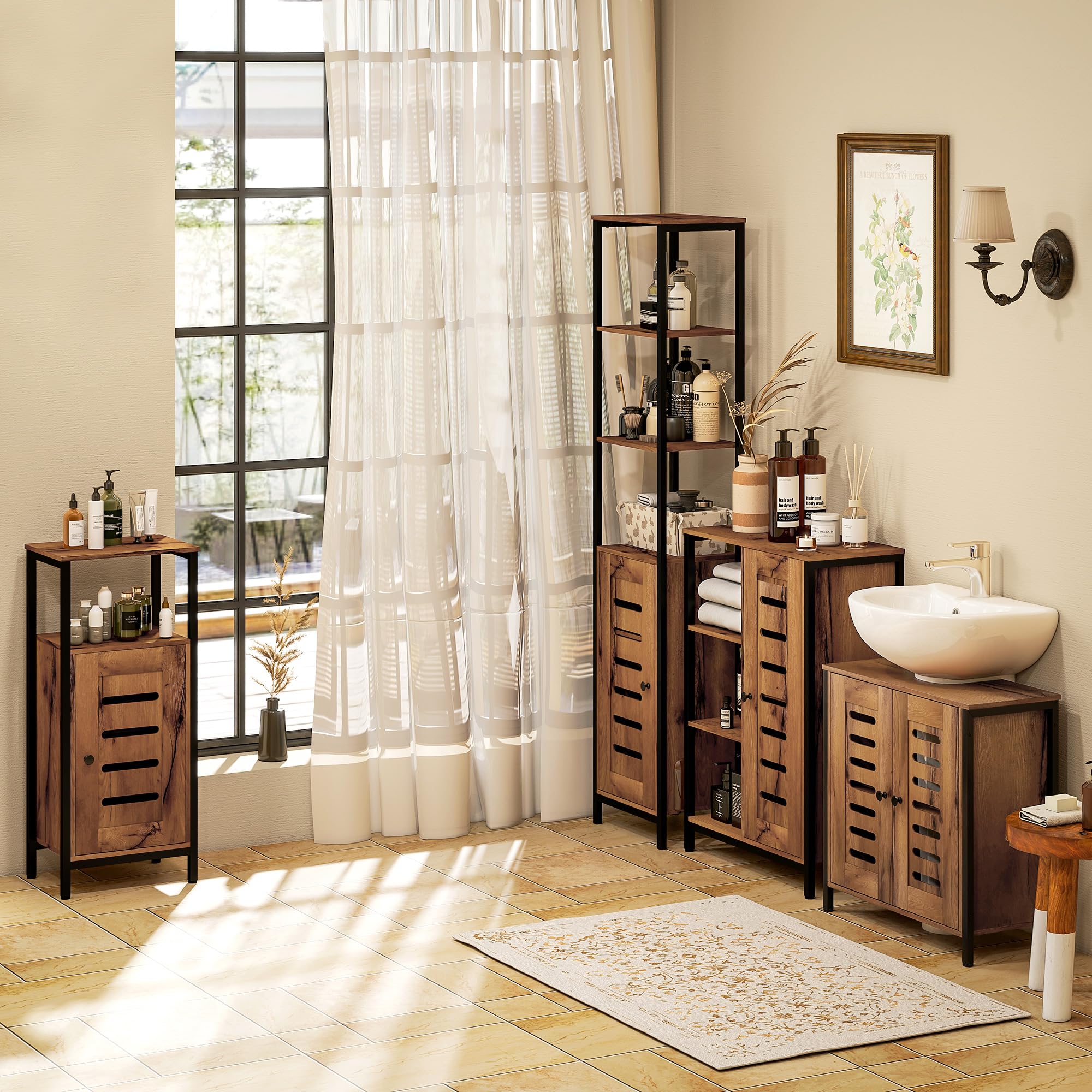 HOMCOM Mueble Bajo Lavabo Industrial con 2 Puertas de Lamas y Cierre Magnético, Estante Regulable, para Lavabos sin Pedestal, Mueble de Baño 60x30x60 cm Marrón Rústico