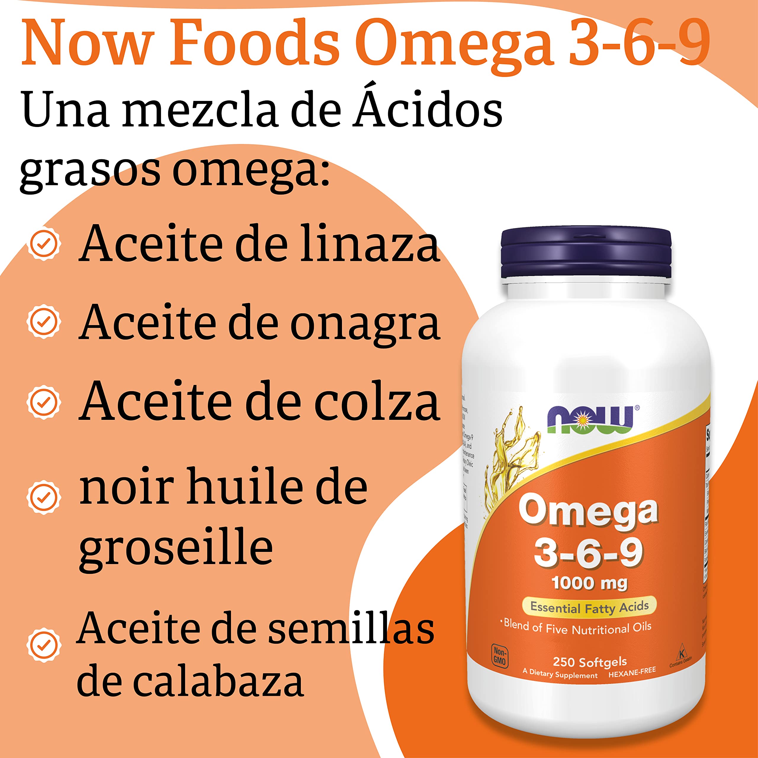 Now Foods, Omega 3-6-9, 1.000mg, 250 Cápsulas blandas, Probadas en Laboratorio, Ácidos Grasos Esenciales, Sin Gluten, Sin Soja, No GMO
