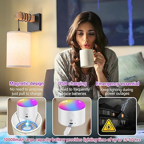 Miniatura 3 de Juego de dos apliques de pared a pilas, lámpara de pared inalámbrica con bombilla RGB recargable y control remoto, lámpara de pared regulable para