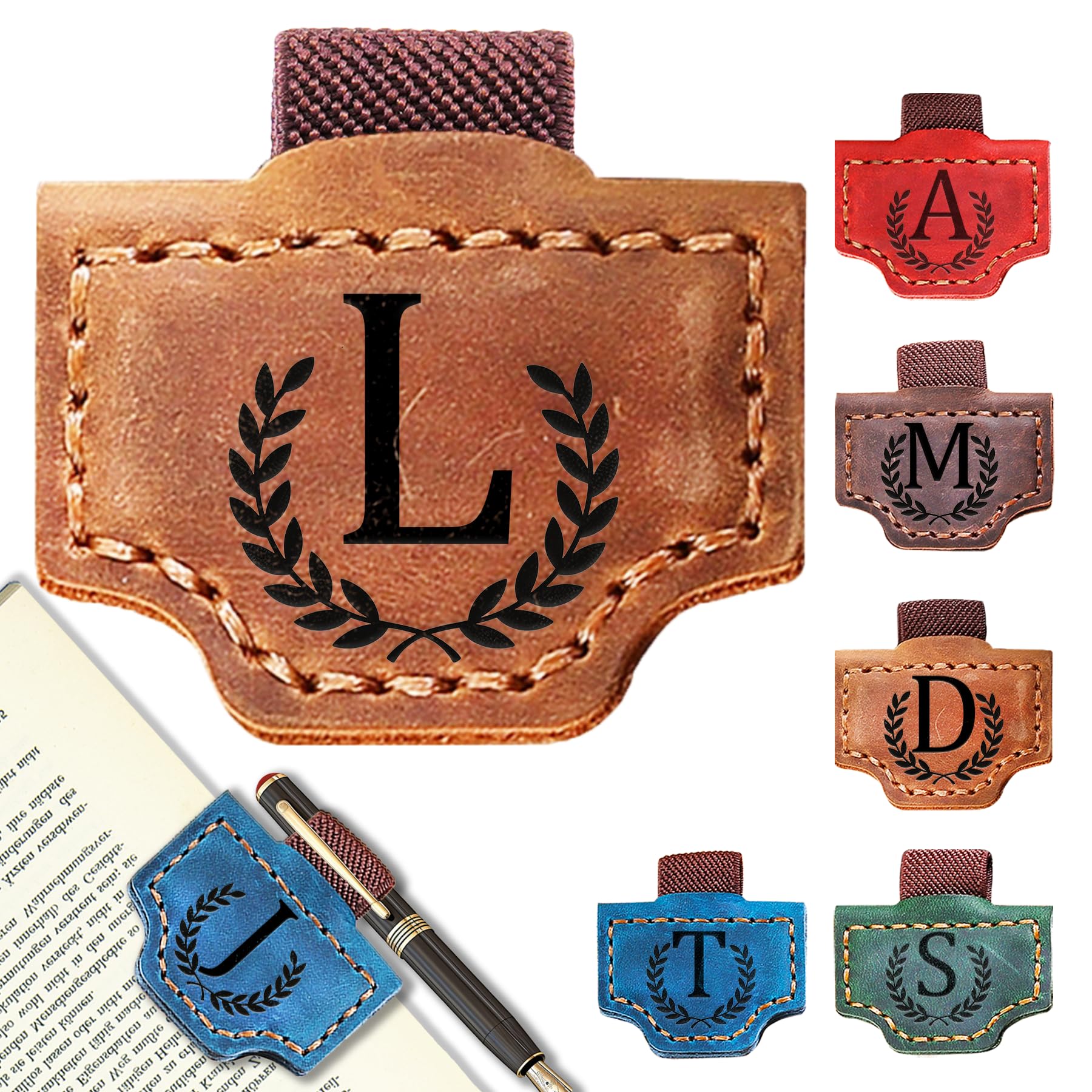 Personalized Leather Magnetic Bookmark with Pen Holder, Bookmark 26 Letters Name Initial Bookmarks for Readers, Book Lover Gifts for Women Men