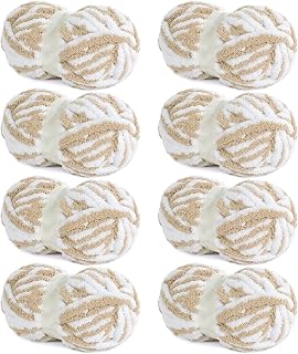 HOMBYS Bulky Fulffy Chunky Chenille Yarn for Hand Knitting,Soft Lightweight Large Thick Jumbo Yarn for Chunky Blanket,8 Pack,White & Khaki(253.6 yds,64 oz)