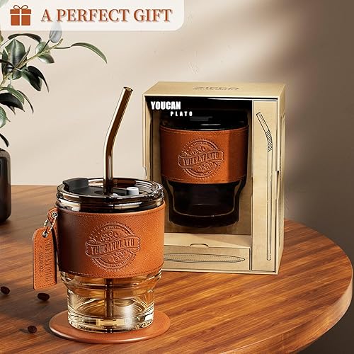 Miniatura 6 de Vaso de vidrio de 14 onzas con popote, tapa y posavasos, taza de café vintage, taza de té, jugo y vaso para agua con funda