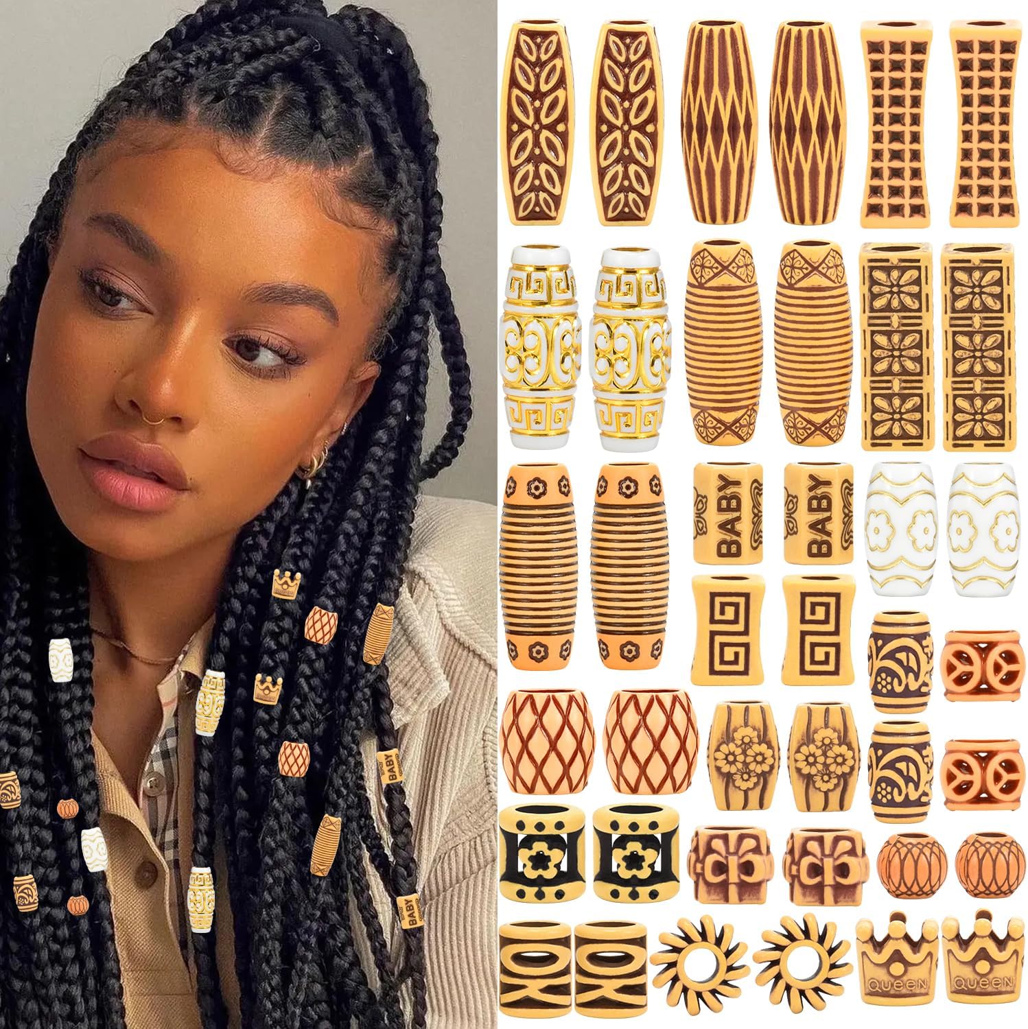 40pcs Plastic Hair Beads for Braids, 20 Styles African Hair Dreadlock Beads Assorted Textures Loc Hair Jewelry Boho Plastic Faux Wood Tube for Women Men Dreadlock Accessories Necklace Bag DIY Crafts