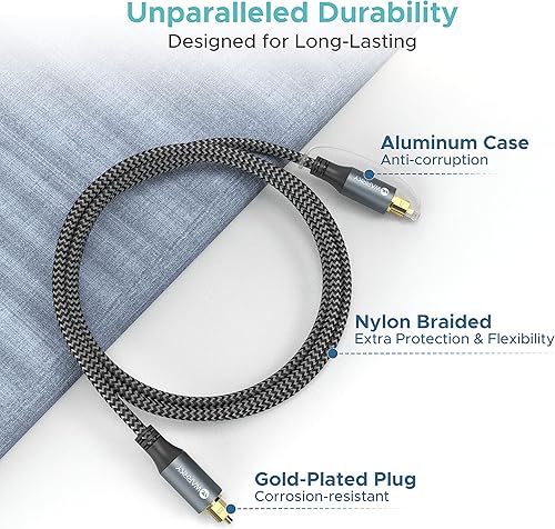 Miniatura 2 de Warrky Cable de audio óptico, cable de fibra óptica de 10 pies caja de metal, trenzado de nailon, enchufe chapado en oro Cable Toslink de audio