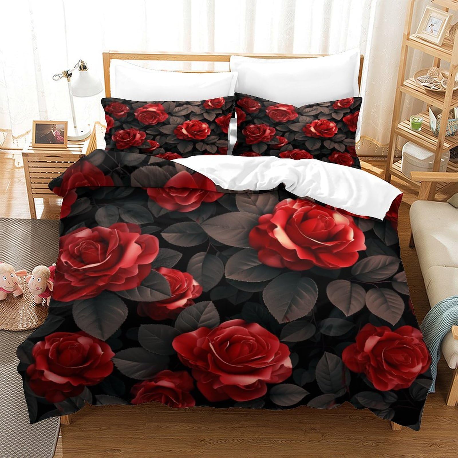 Nraopevvd Style-9 Rose Duvet Cover Set 3 Pcs Hotel Quality Quilt Cover Bedding Sets Bed Covers With Pillowcases With Zipper Closure Hypoallergenic Soft Breathable Microfiber Single（140X200cm）