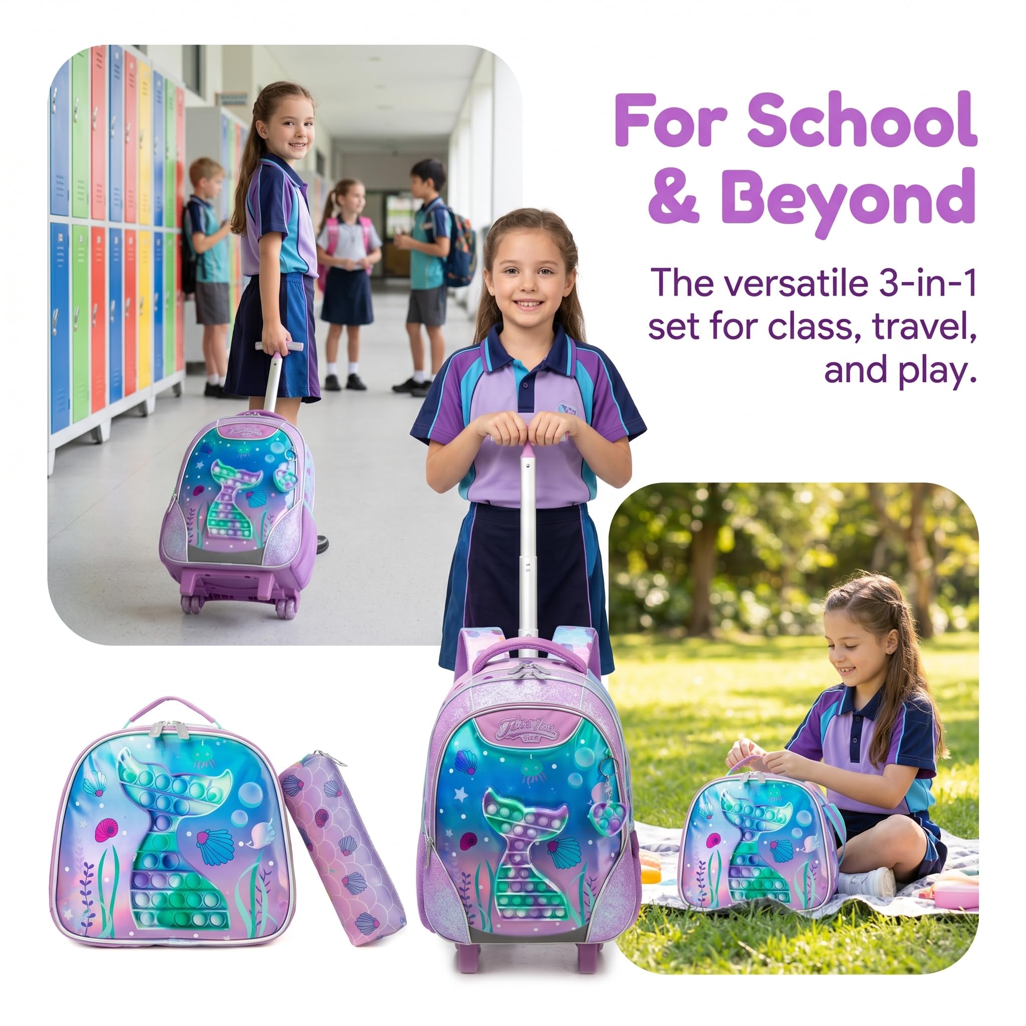 Sac a Dos Roulette Fille Enfant Cartable Cabine Primaire Valise École Maternelle Sacs à D'école pour Voyage de Bagages Ensemble Adolescents Grand Étudian Poches Toy Sirène Rose