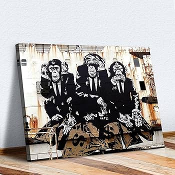 キャンバスプリントアート music monkey 絵画 フレーム付き Amazon.co.jp: バンクシーアート3ワイズモンキーズキャンバス