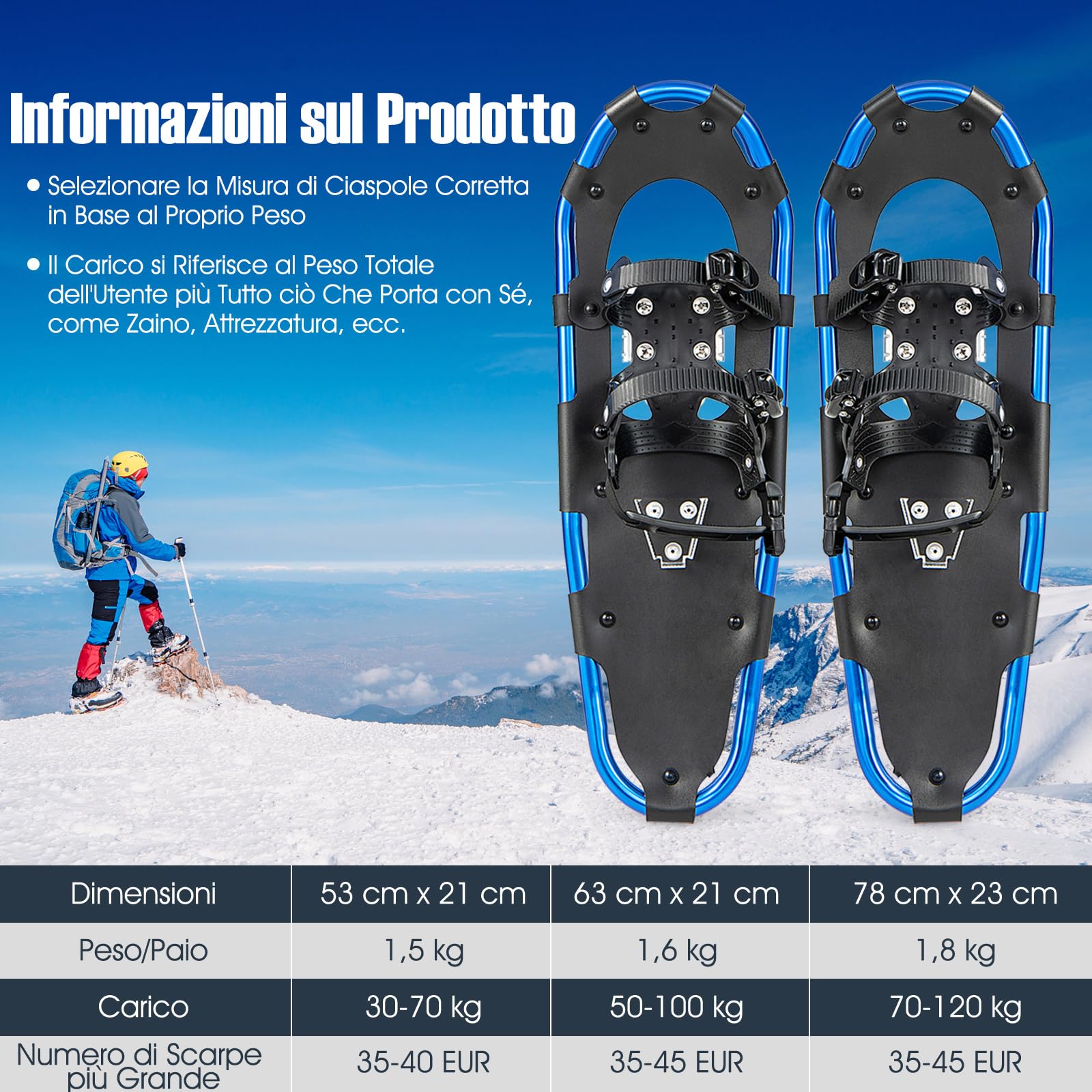 COSTWAY Set 4 in 1 Ciaspole da Neve 53/63/78 cm per Uomini, Donne e Ragazzi con Sistema di Fissaggio, Telaio in Alluminio, Bastoncini da Trekking, Ghette Gambe Impermeabile e Borsa