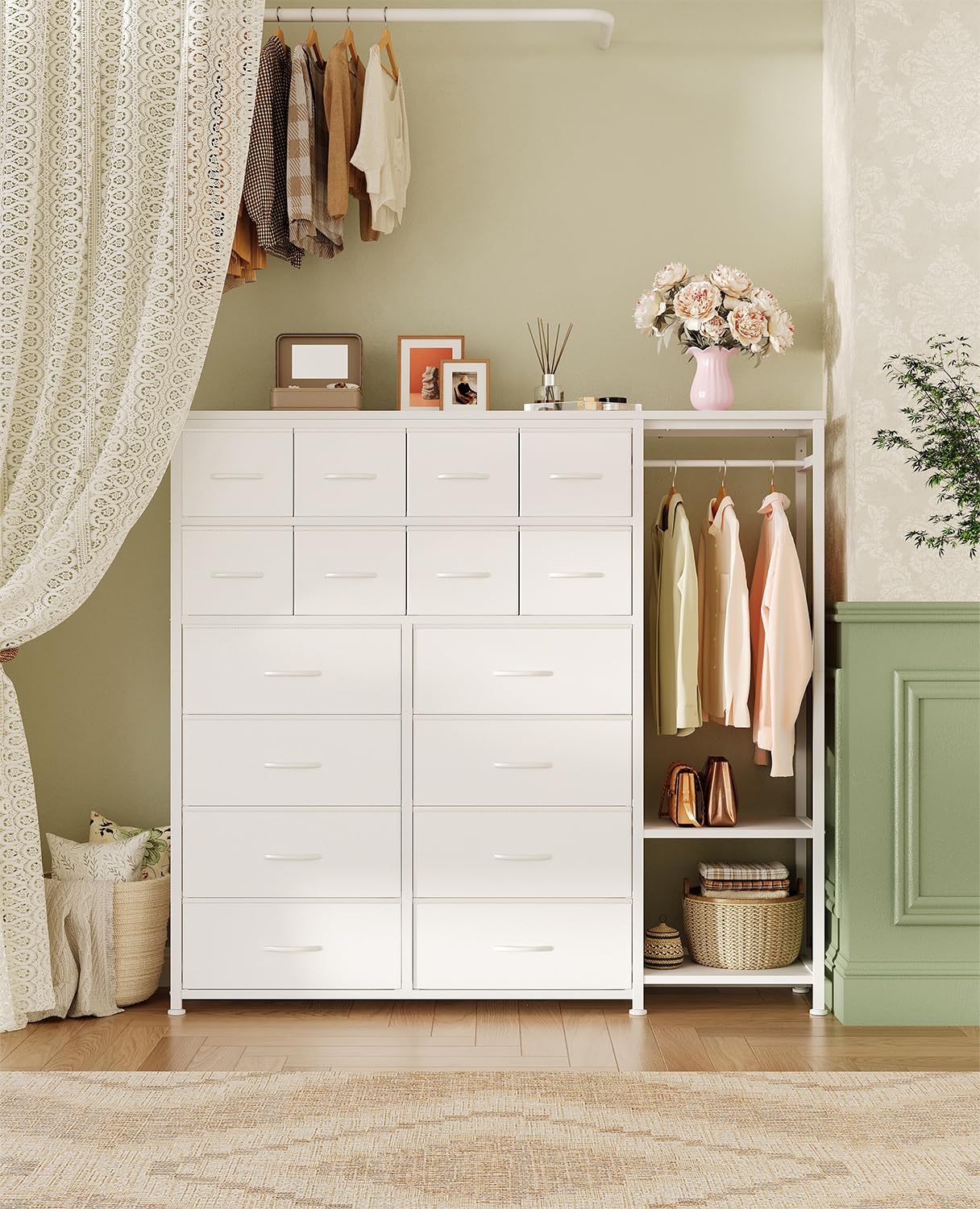 Garvee Commode De Rangement 16 Tiroirs avec Penderie Et Étagères – Organiseur en Tissu pour Chambre, Dressing Ou Entrée, Blanc