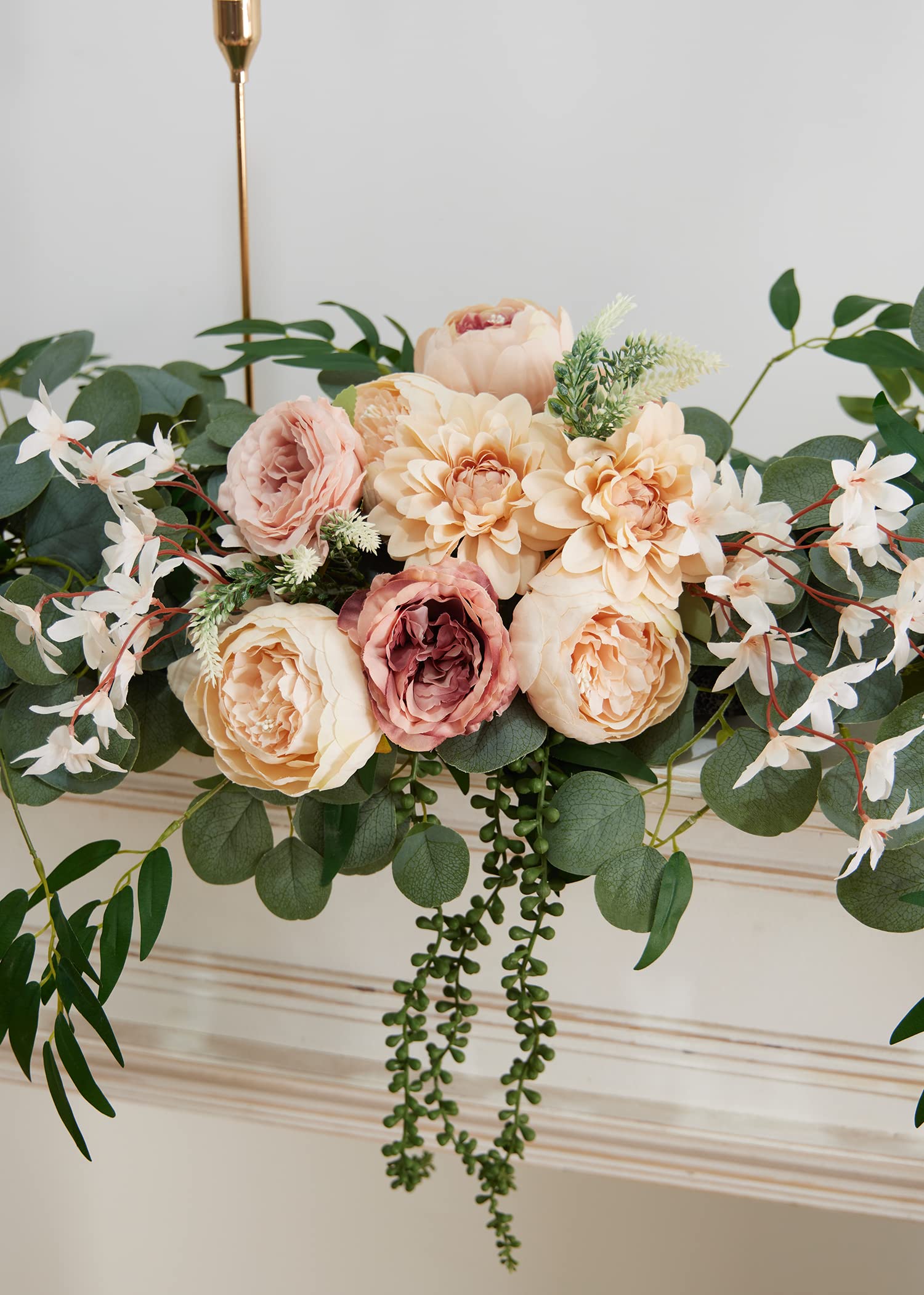 MISSPIN 8FT Eucalyptus and Willow Leaf Garland with Artificial Flowers Fake Flower Peony Rose Vine Greenery Decorative Wall Hanging Plant for Wedding Arch Door Arrangement Party Decor (Champagne)