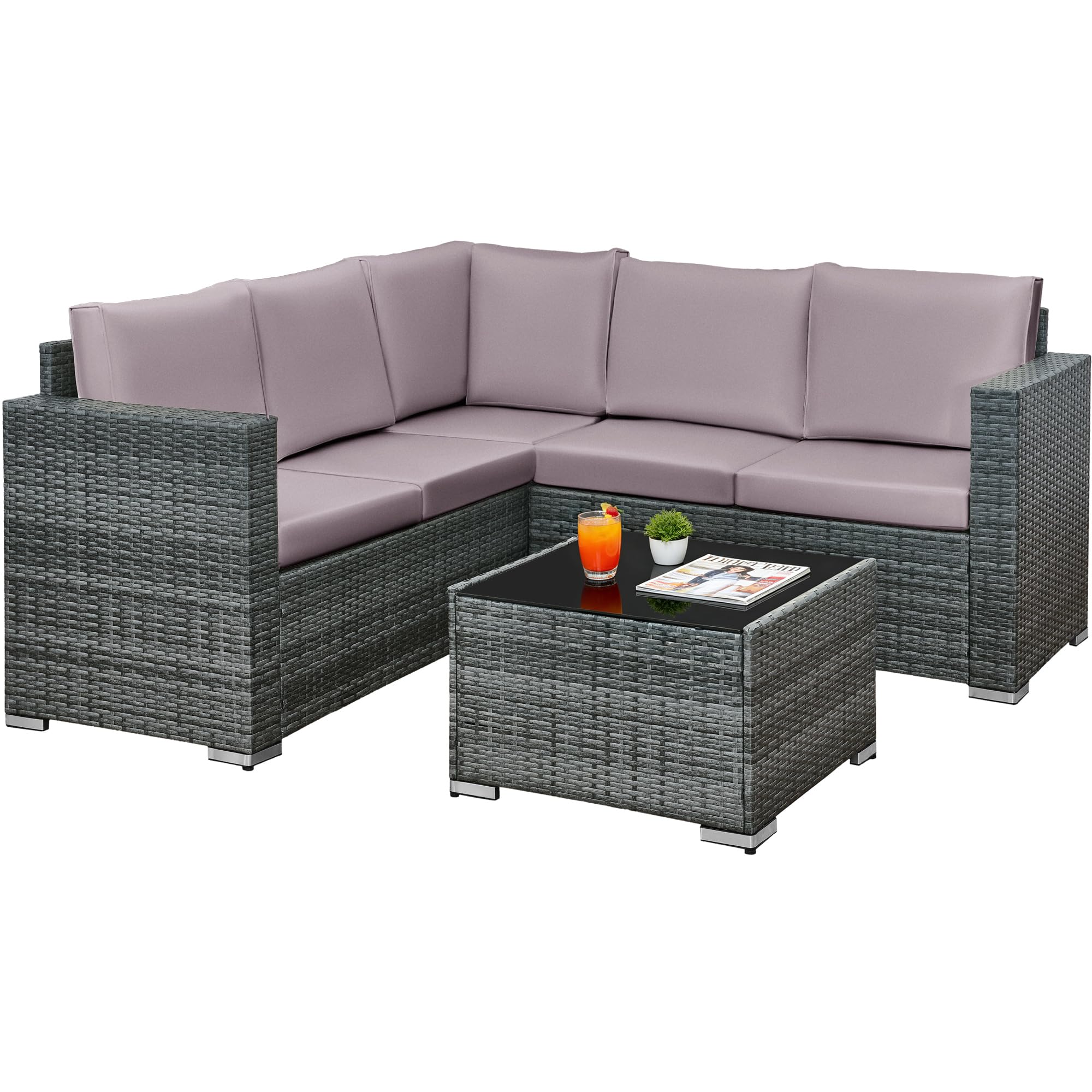 3 Pcs Aluminium Frame Rattan Garden Furniture Set, 6 Seater Corner Garden Sofa with Cushions and Glass Coffee Table, Outdoor Patio Furniture Set for Balcony, Conservatory, Terrace — view 10