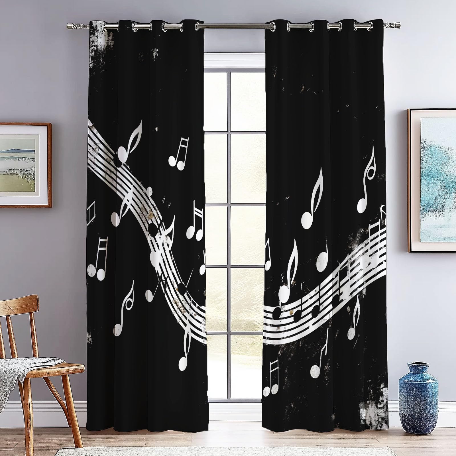 Rideaux Longs 140L X 260H cm (2 Panneaux), Notes De Musique Simples Imprimé, Tissu Occultant Épais pour Grand Salon et Loft, Noir