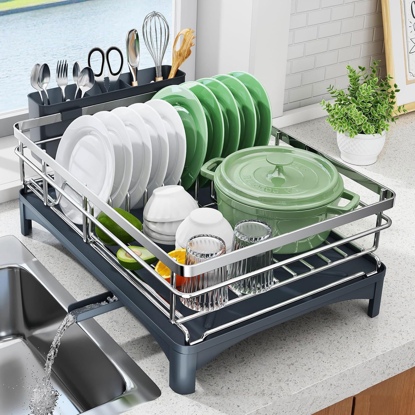 Abtropfgestell Geschirr Platzsparender Küchen-Trockenständer aus Edelstahl mit abnehmbarer Tropfschale und Besteckhalter 360°Drehbarem Auslauf Multifunktionaler Küchenorganizer 42*31*14.5cm