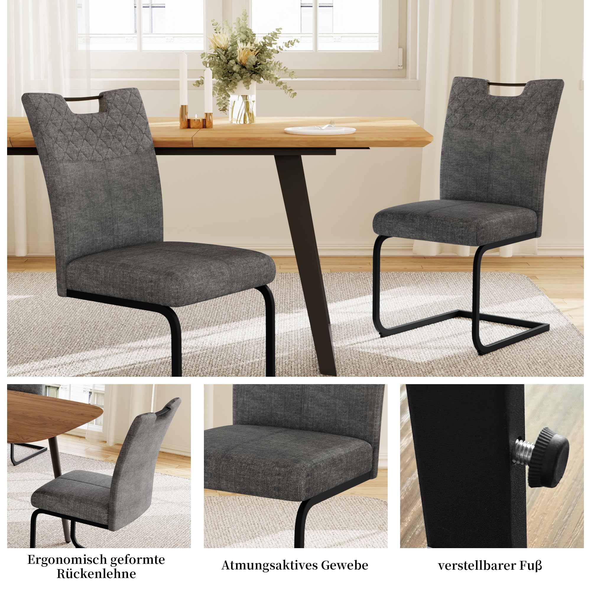JIEXI Freischwinger Esszimmerstühle 4er Set – Schwingstuhl Stuhl Mit Stoffbezug, Gesteppter Rückenlehne & Metallgestell, Küchenstuhl/Essstuhl Modern, Bequem & Stabil (4 Graue Stühle)