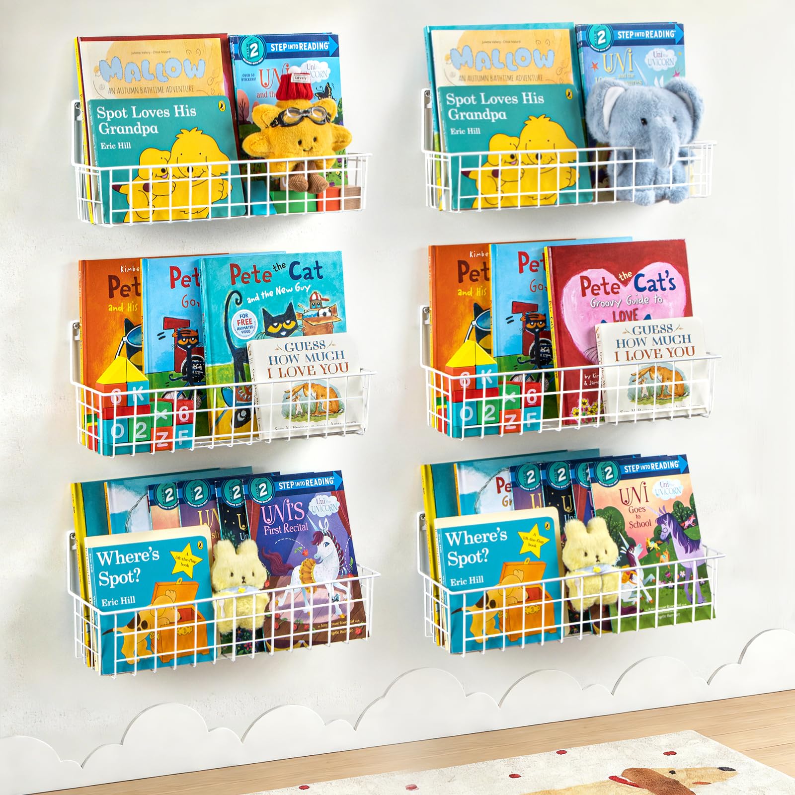 PUERSI Lot de 6 Étagères Muraux Enfant en Métal, Bibliothèque Murale, Étagère à Livres Mural pour Chambre d’Enfants, Rangement pour Livres, Filles et Garçons, Bébé - Blanche