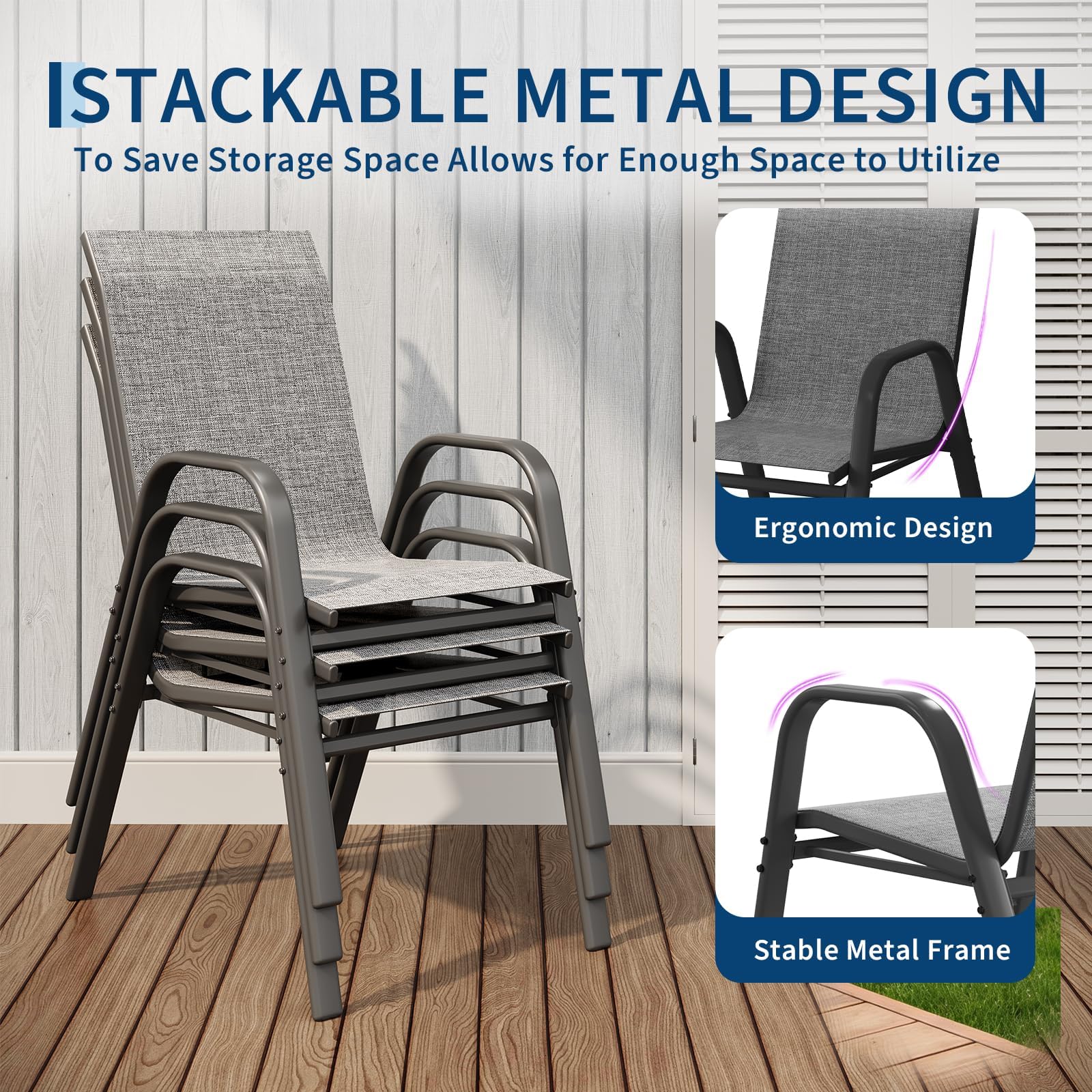 Komfortable Stapelbare Gartenstühle 4er Set – Hohe Rückenlehne, Wetterfest, Metallrahmen, Atmungsaktives Textilene – Outdoor Essstühle Für Terrasse, Balkon, Pool & Garten – Grau
