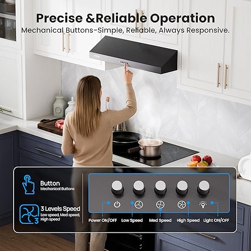Miniatura 4 de VIKIO HOME Campana Extractora Bajo Gabinete de 36 Pulgadas, 580 CFM Ventilación de Cocina de Motor Dual con Luces LED, Control de Botones, Campana