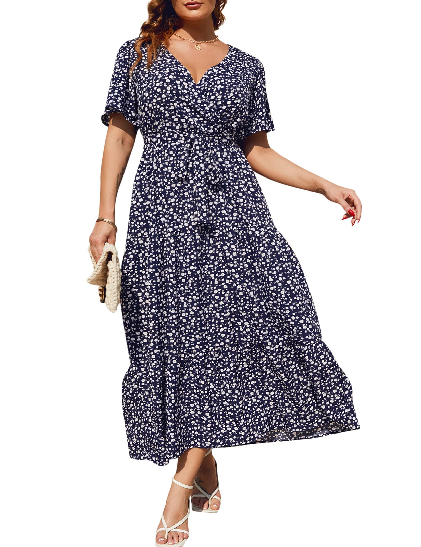 KOJOOIN Women Plus Size V Neck Wrap Maxi Dress Short Sleeves High Waist Ruffle Summer Casual Dress with Belt