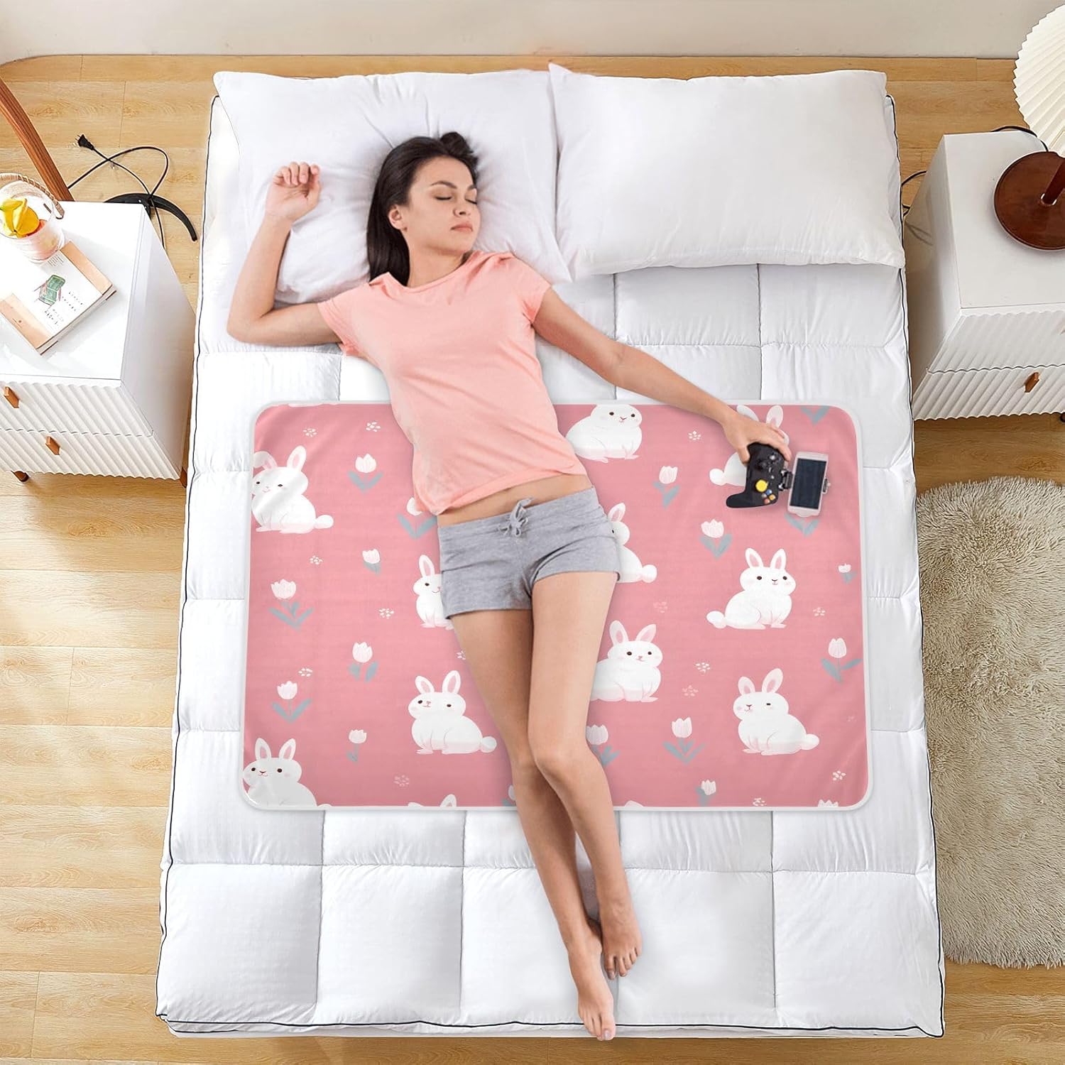 Bunnies with Tulips on Pink Background Change Mat, Diaper Changing Pads for Baby, 3Layers Waterproof Change Pad Foldable Absorbent Mats for Women, Reusable Incontinence Underpads for Patient 34''x52''