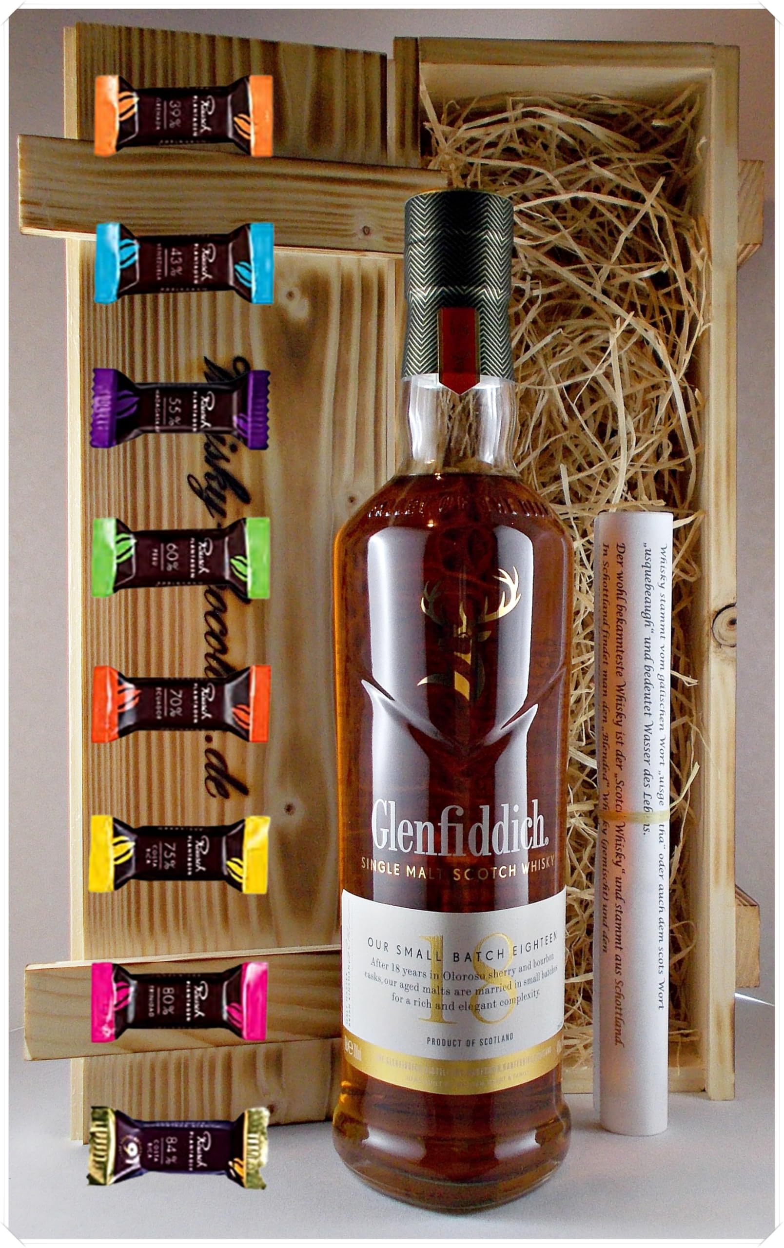 H-BO Glenfiddich 18 Jahre Whisky Geschenkset 0,7l - 8 Rausch Edelschokoladen - Edles Speyside Single Malt Scotch Genießerset in Holzkiste für Männer & Genießer