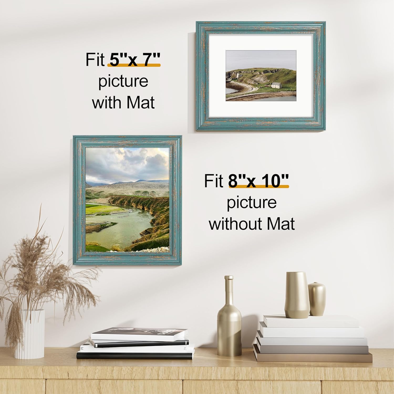 Vittanly 8x10 Picture Frames Set of 2, Ornate Vintage Photo Frame for Wall or Tabletop, Display 5x7 Pictures with Mat or 8x10 without Mat, Rustic Blue