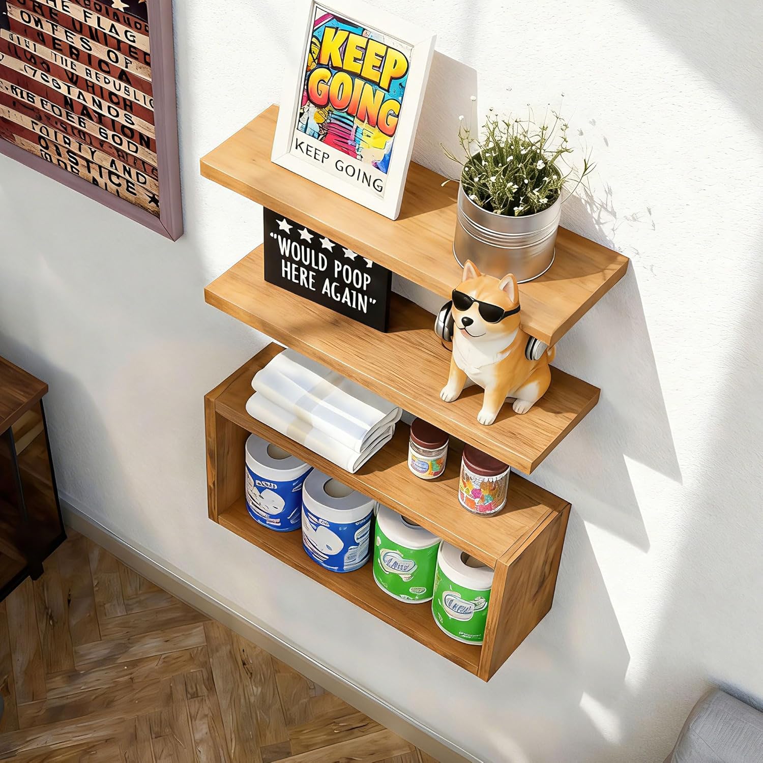 Wall Mounted Floating Shelf, c Long for Bedroom Living Room Kitchen Staircase Bathroom Above Toilet Wall Decoration Book Storage Room Recoration (3piece Set) Natural Wood Color