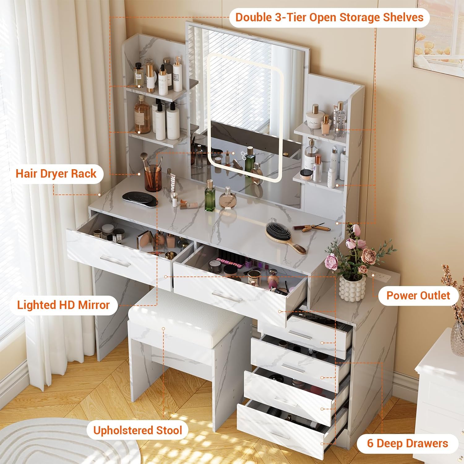 Vanity Desk with Labeled Components