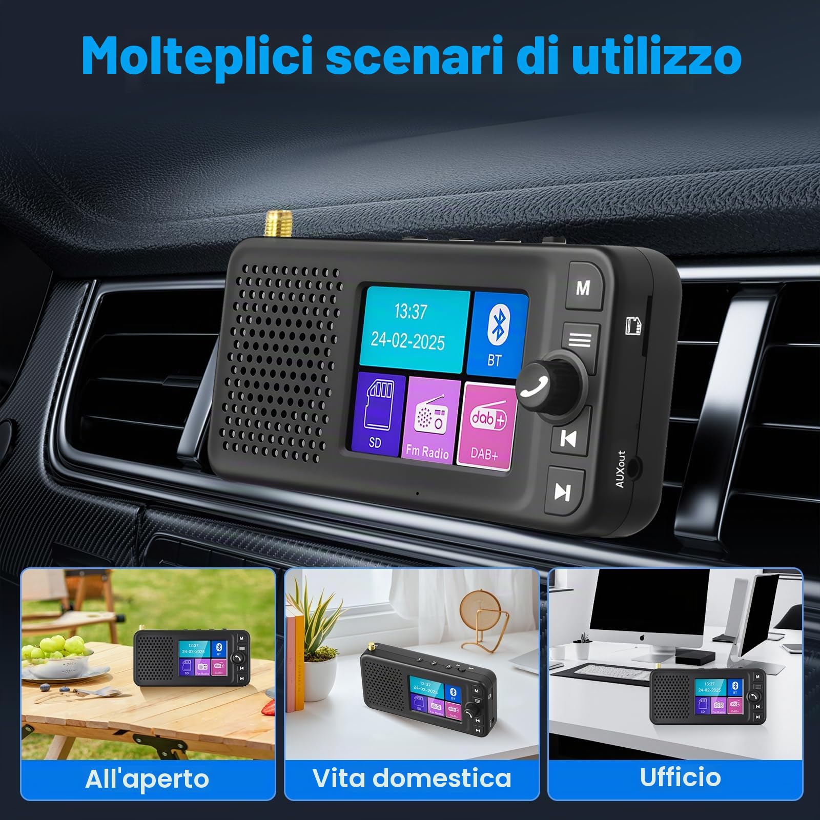 DAB+ Digital Radio Adapter per Autoradio, Motorsi Plug&Play mit 2,4" LCD-Display, Dab Radio per Auto mit Bluetooth, FM Transmitter, TF Karte, AUX, Ausgang, Antenne