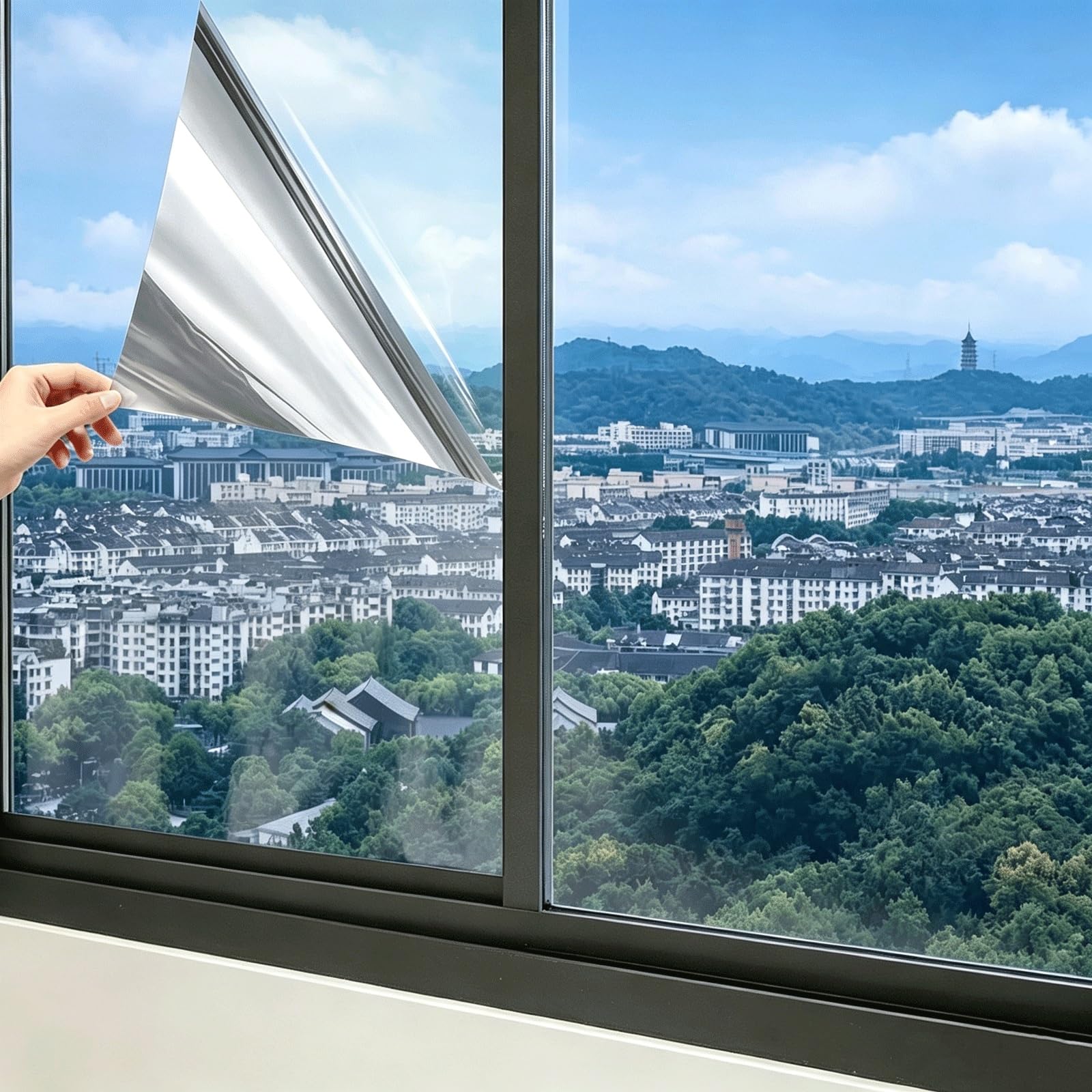 Fenster Sichtschutz 80 x 160 cm Sonnenschutzfolie Fensterfolie Blickdicht von Aussen Energiesparend Spiegelfolie Fensterfolie für Wohnzimmer Schlafzimmer Küche Büro, Doppelseitiges Silber