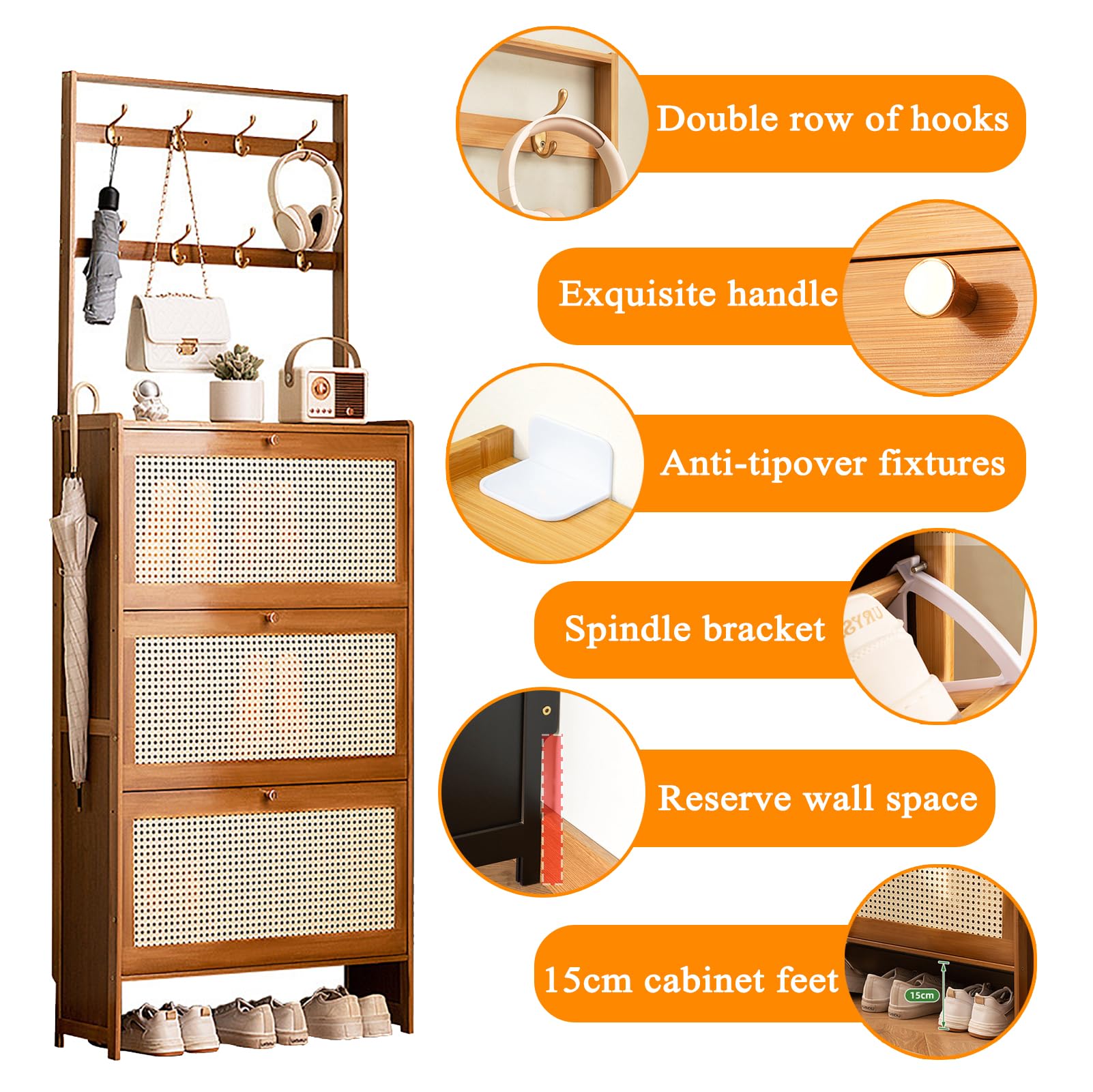 Zapatero de bambú con Puertas, Zapatero Entrada recibidor Estrecho, Mueble Zapatero recibidor Ratan, Armario Zapatero para la Entrada Slim, para Entrada, Pasillo Sala De Estar 70×17×152cm