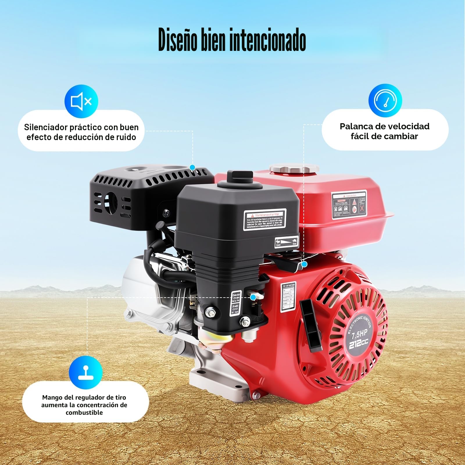 Motor de Gasolina 7.5CV 4 Tiempos OHV 212cc 4000W Monocilíndrico | Refrigerado por Aire 3600 RPM Torque 12N.m Arranque Manual con Alarma Aceite para Kart Maquinaria Agrícola Generador Bomba