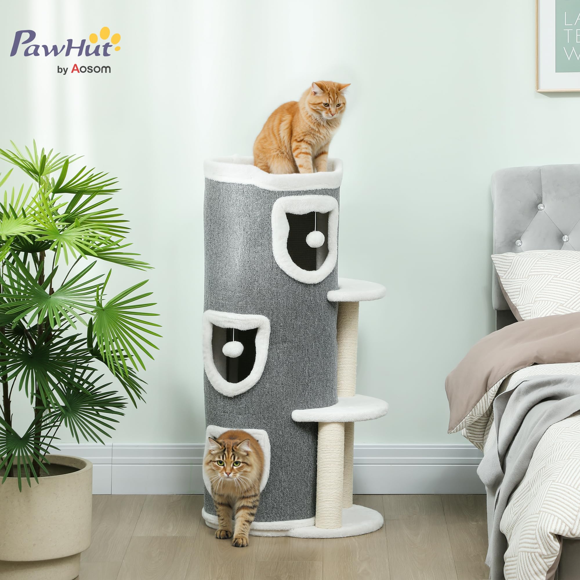 PawHut Tour pour Chat à 4 Niveaux, 101cm, Arbre à Chat Stable avec griffoirs en sisal et Bord en Peluche, 2 Plateformes, lit supérieur, pour Petits et Grands Chats, Parfait pour Griffes & Jeu, Gris